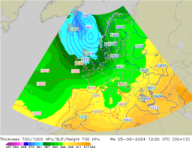 Thck 700-1000 hPa UK-Global St 05.06.2024 12 UTC