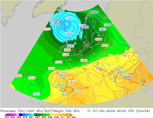 700-1000 hPa Kalınlığı UK-Global Cu 07.06.2024 06 UTC