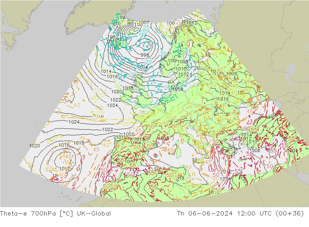 Theta-e 700hPa UK-Global Do 06.06.2024 12 UTC