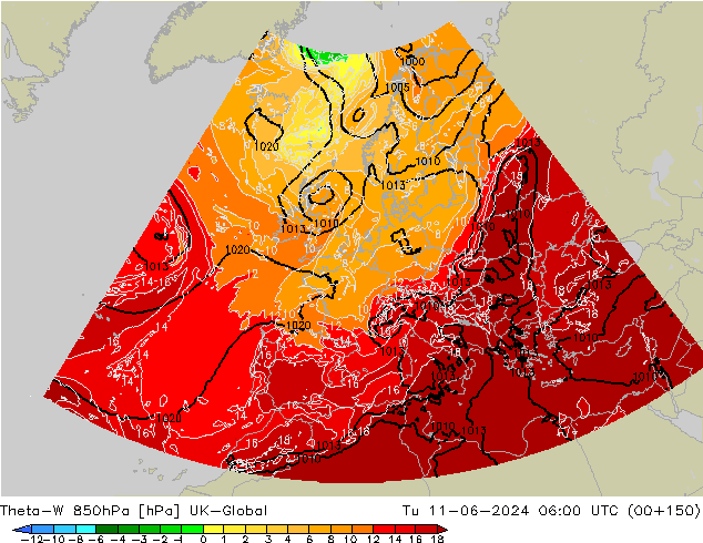 Theta-W 850hPa UK-Global wto. 11.06.2024 06 UTC