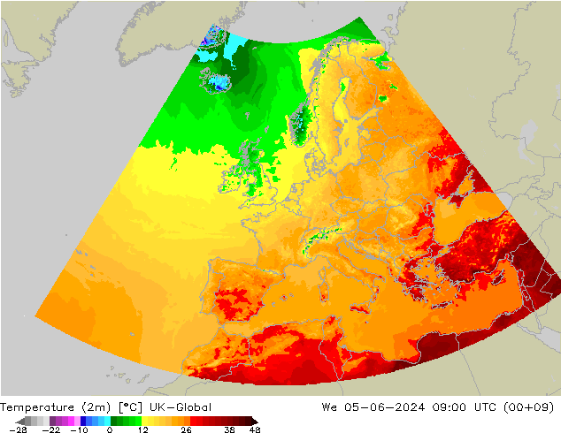 Temperatuurkaart (2m) UK-Global wo 05.06.2024 09 UTC