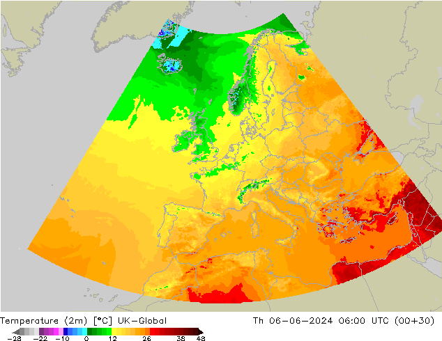 Temperatura (2m) UK-Global Qui 06.06.2024 06 UTC