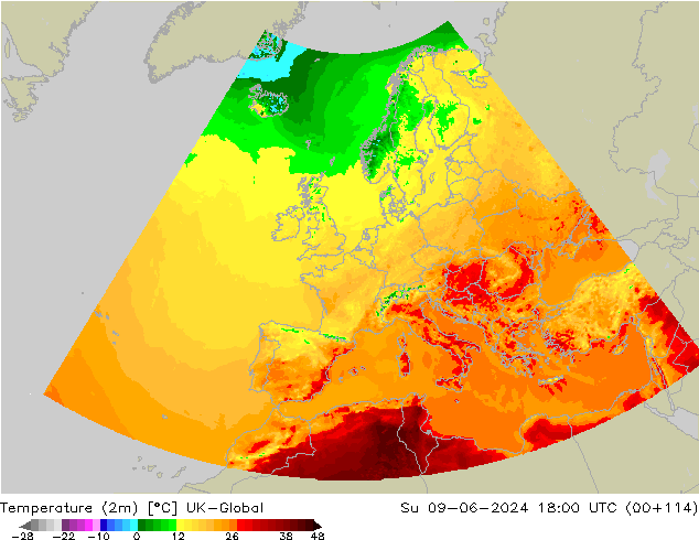 Temperaturkarte (2m) UK-Global So 09.06.2024 18 UTC