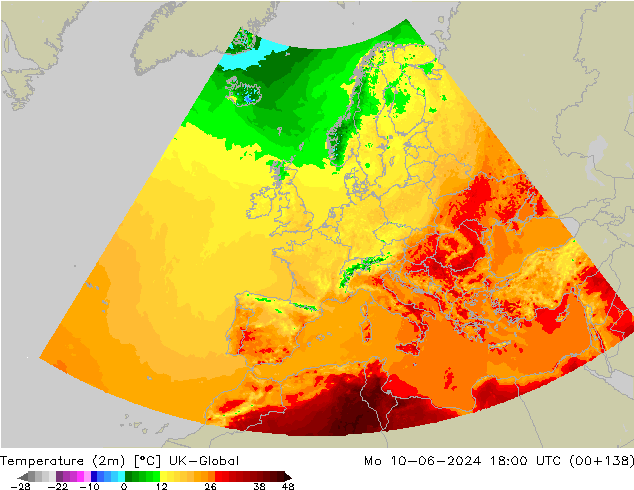 Temperature (2m) UK-Global Mo 10.06.2024 18 UTC