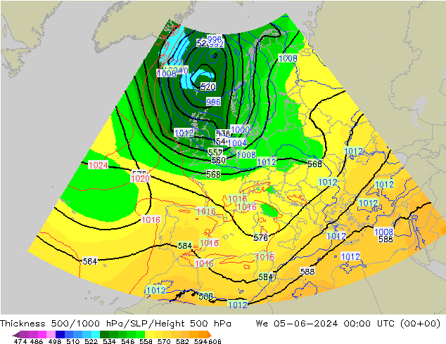Espesor 500-1000 hPa UK-Global mié 05.06.2024 00 UTC