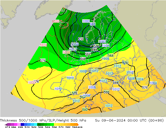 Schichtdicke 500-1000 hPa UK-Global So 09.06.2024 00 UTC