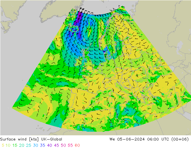 Viento 10 m UK-Global mié 05.06.2024 06 UTC