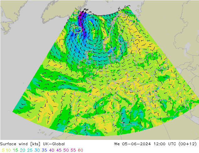 Vento 10 m UK-Global mer 05.06.2024 12 UTC