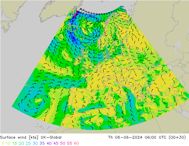 Rüzgar 10 m UK-Global Per 06.06.2024 06 UTC