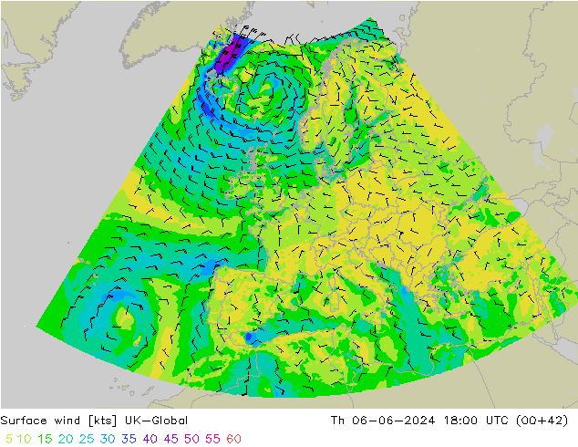 Surface wind UK-Global Th 06.06.2024 18 UTC