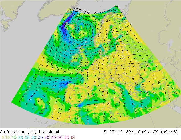 Viento 10 m UK-Global vie 07.06.2024 00 UTC