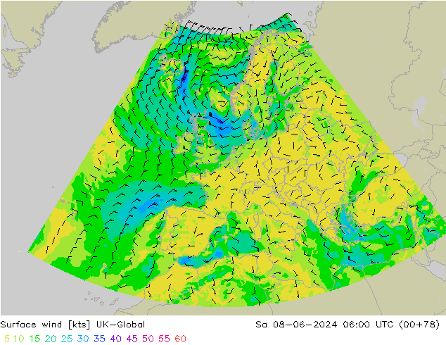 Surface wind UK-Global So 08.06.2024 06 UTC