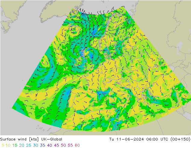 Viento 10 m UK-Global mar 11.06.2024 06 UTC