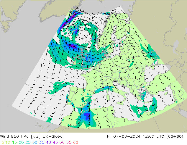 Wind 850 hPa UK-Global Fr 07.06.2024 12 UTC