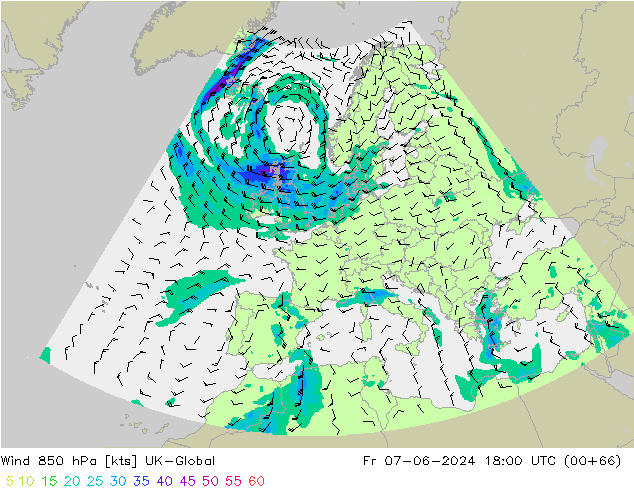 Wind 850 hPa UK-Global vr 07.06.2024 18 UTC