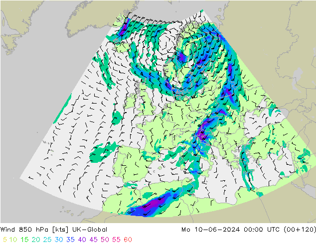 Wind 850 hPa UK-Global Mo 10.06.2024 00 UTC