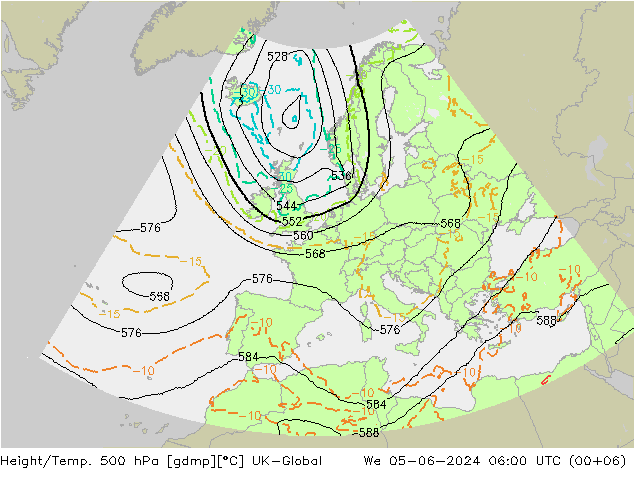 Height/Temp. 500 hPa UK-Global mer 05.06.2024 06 UTC