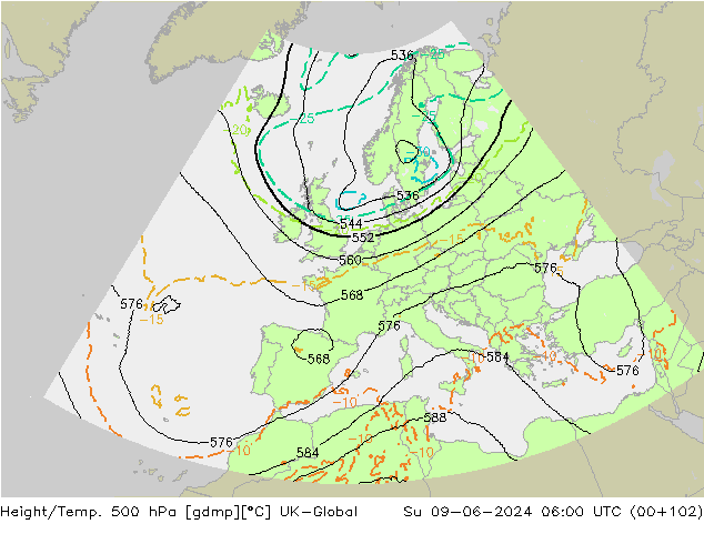 Hoogte/Temp. 500 hPa UK-Global zo 09.06.2024 06 UTC