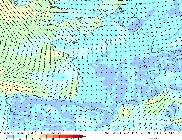 Vento 10 m (bft) UK-Global Qua 05.06.2024 21 UTC