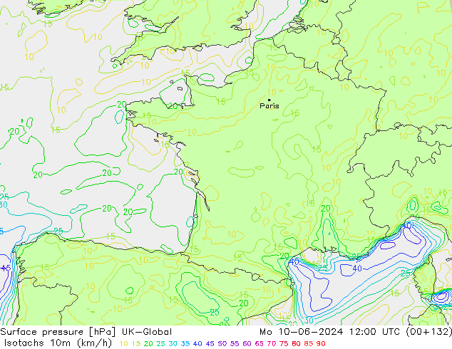 Isotachs (kph) UK-Global Mo 10.06.2024 12 UTC