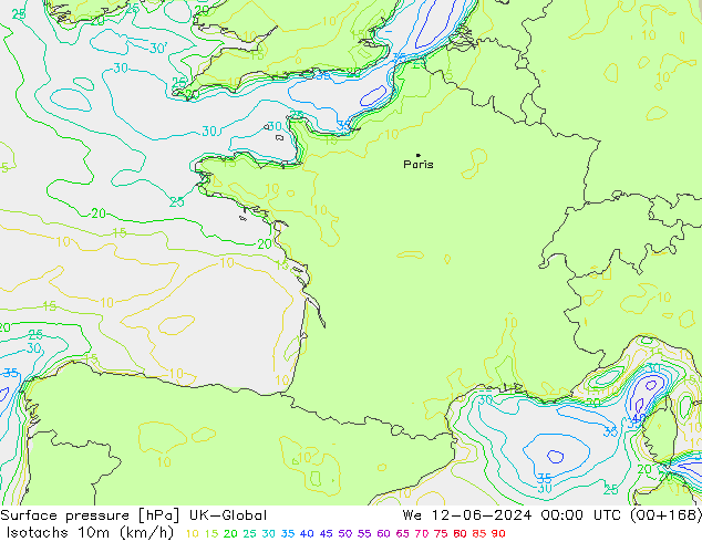 Isotachen (km/h) UK-Global Mi 12.06.2024 00 UTC