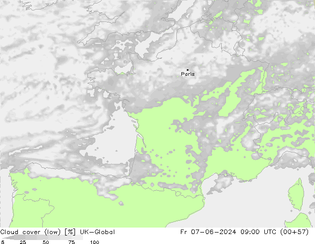 Cloud cover (low) UK-Global Fr 07.06.2024 09 UTC