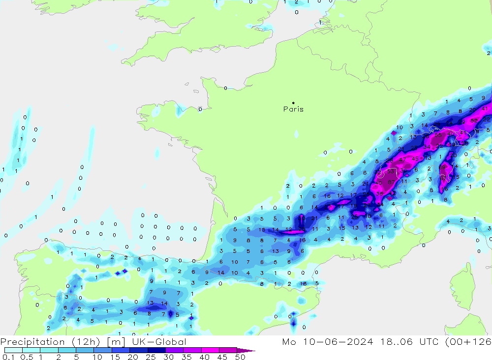 Yağış (12h) UK-Global Pzt 10.06.2024 06 UTC