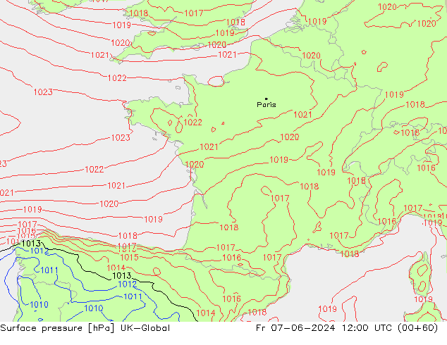 Presión superficial UK-Global vie 07.06.2024 12 UTC