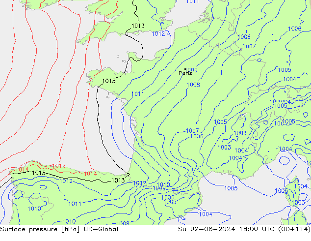 Surface pressure UK-Global Su 09.06.2024 18 UTC