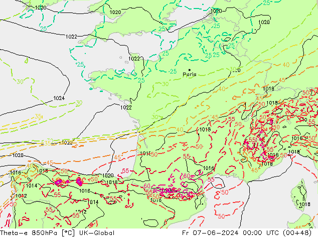 Theta-e 850hPa UK-Global Fr 07.06.2024 00 UTC