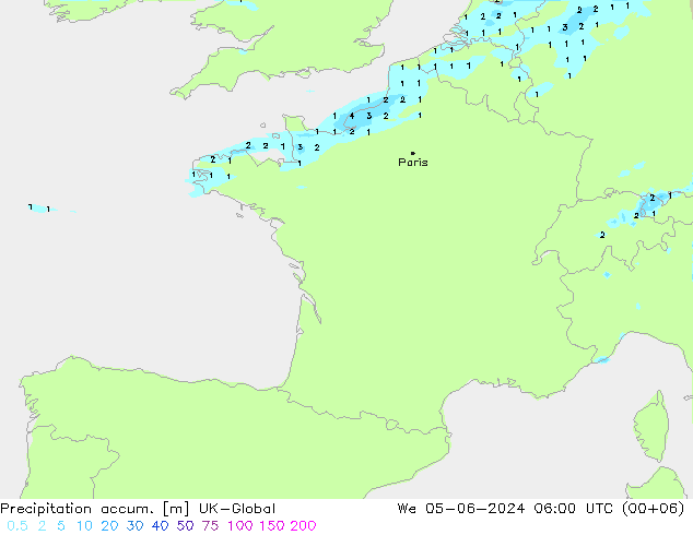 Precipitación acum. UK-Global mié 05.06.2024 06 UTC