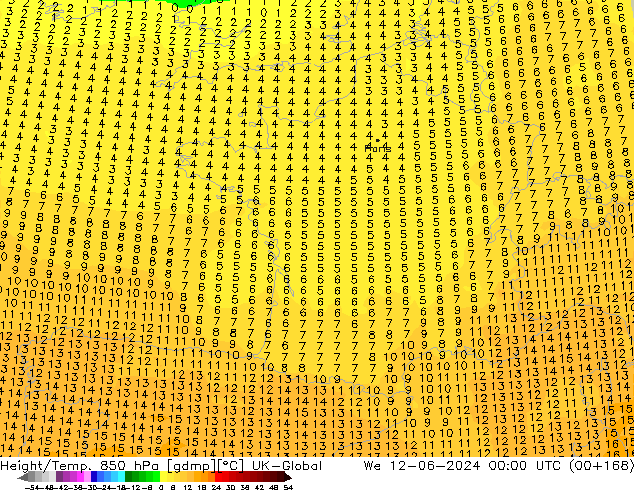 Geop./Temp. 850 hPa UK-Global mié 12.06.2024 00 UTC