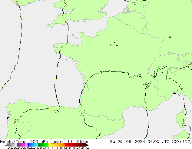 Height/Temp. 950 hPa UK-Global Su 09.06.2024 06 UTC