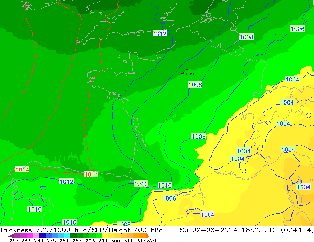 Thck 700-1000 hPa UK-Global dim 09.06.2024 18 UTC