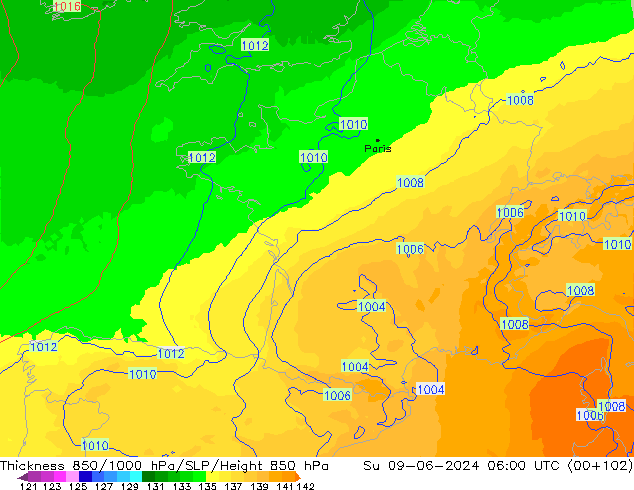 Schichtdicke 850-1000 hPa UK-Global So 09.06.2024 06 UTC