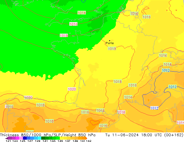 Dikte 850-1000 hPa UK-Global di 11.06.2024 18 UTC
