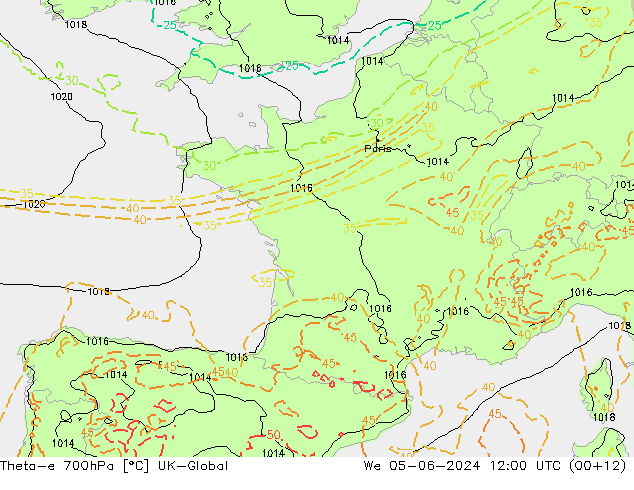 Theta-e 700hPa UK-Global Mi 05.06.2024 12 UTC