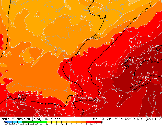 Theta-W 850hPa UK-Global Po 10.06.2024 00 UTC
