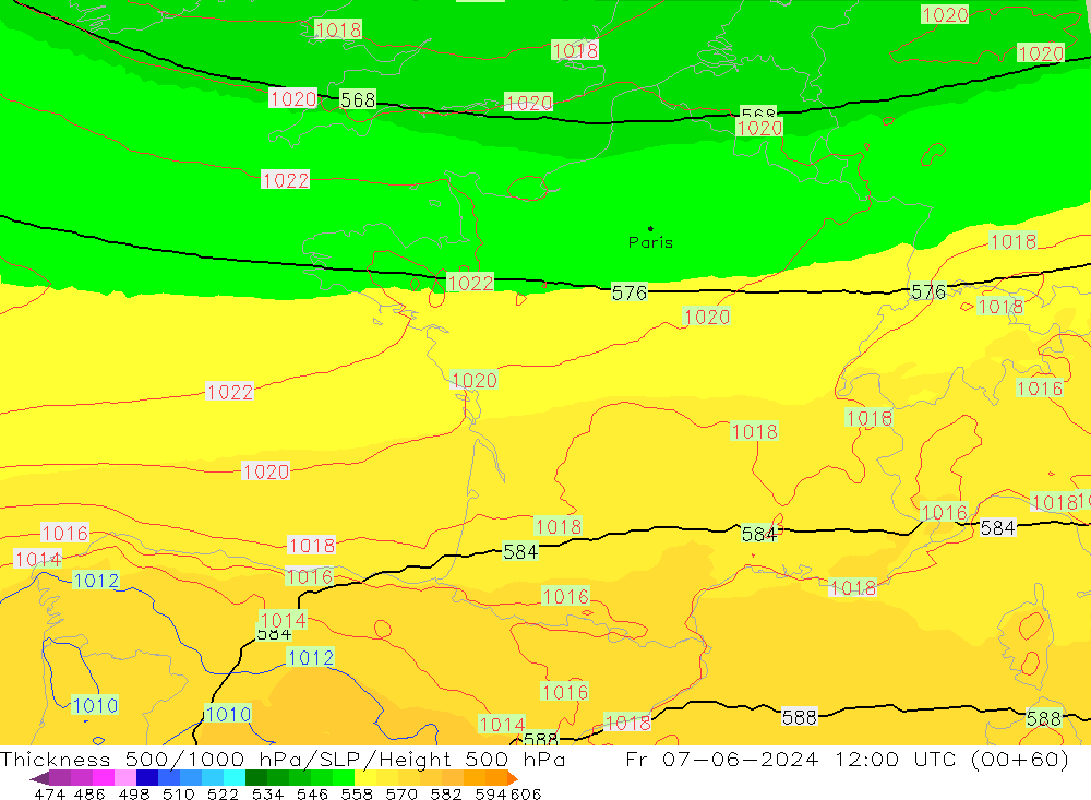 Espesor 500-1000 hPa UK-Global vie 07.06.2024 12 UTC