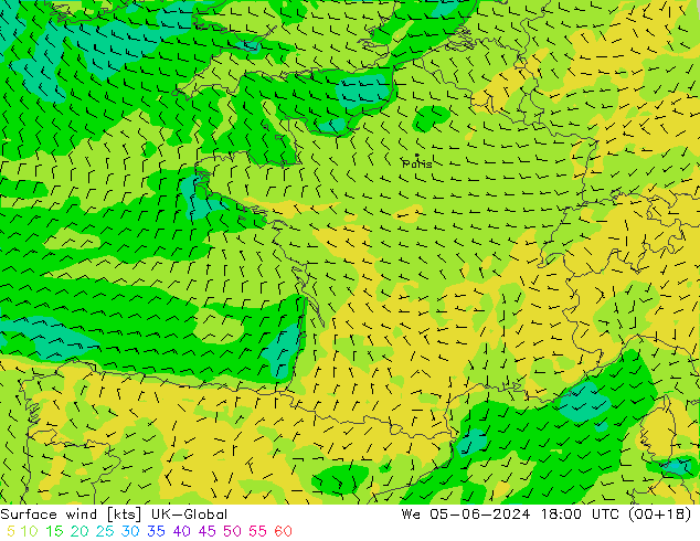 Surface wind UK-Global We 05.06.2024 18 UTC