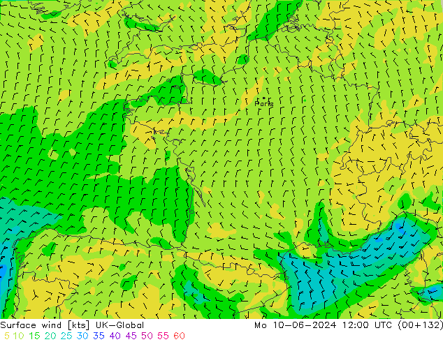 Surface wind UK-Global Mo 10.06.2024 12 UTC