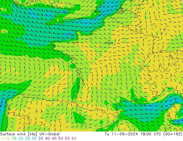 Surface wind UK-Global Út 11.06.2024 18 UTC