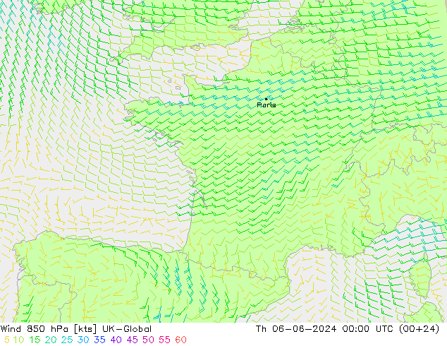 Wind 850 hPa UK-Global Th 06.06.2024 00 UTC