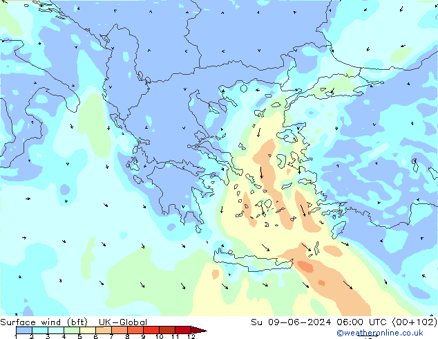 Wind 10 m (bft) UK-Global zo 09.06.2024 06 UTC