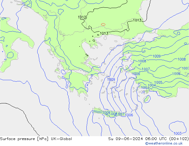 Atmosférický tlak UK-Global Ne 09.06.2024 06 UTC