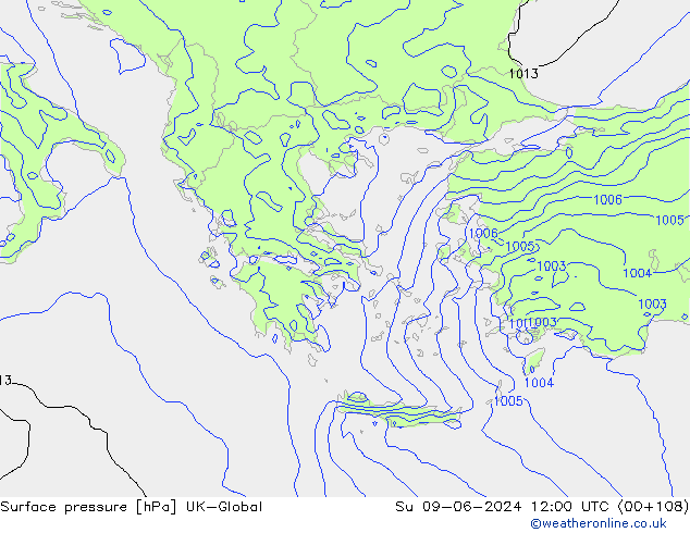 Surface pressure UK-Global Su 09.06.2024 12 UTC