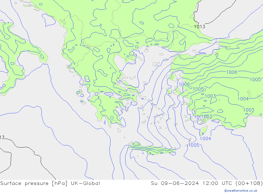 Surface pressure UK-Global Su 09.06.2024 12 UTC