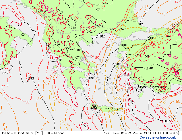 Theta-e 850hPa UK-Global Paz 09.06.2024 00 UTC