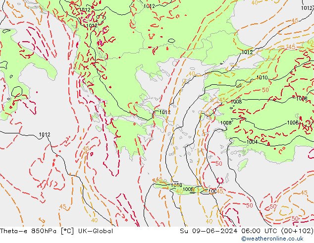 Theta-e 850hPa UK-Global nie. 09.06.2024 06 UTC