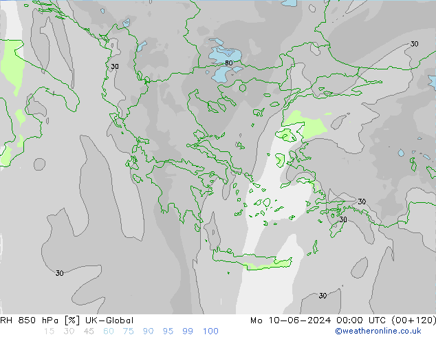 Humedad rel. 850hPa UK-Global lun 10.06.2024 00 UTC